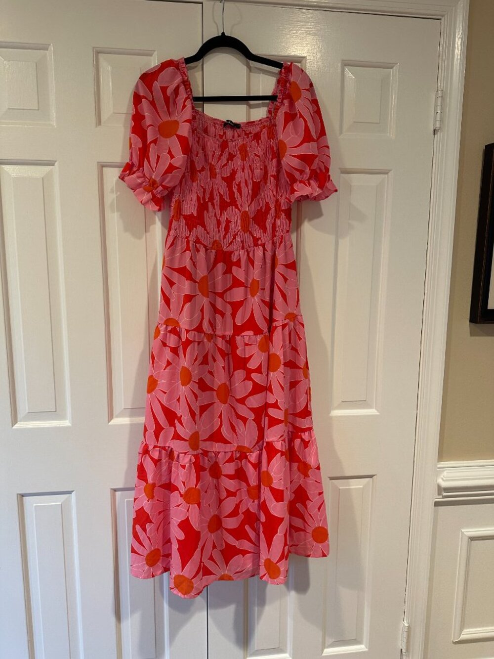 Pretty pink & orange Floral Smocked Midi Dress | Puff Sleeve Summer Dress